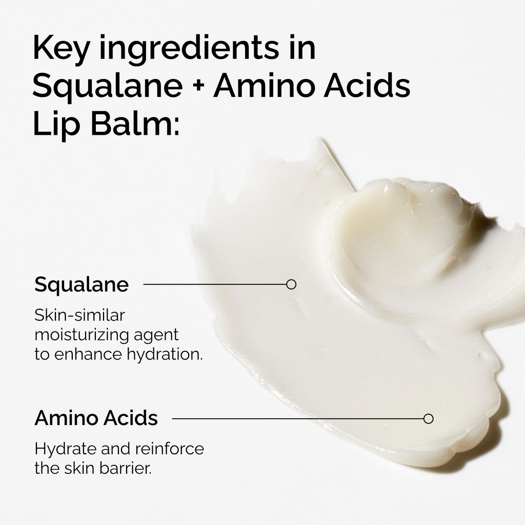 Moisturizing Squalane and Amino Acids lip balm. Available online for hydration and skin barrier support.