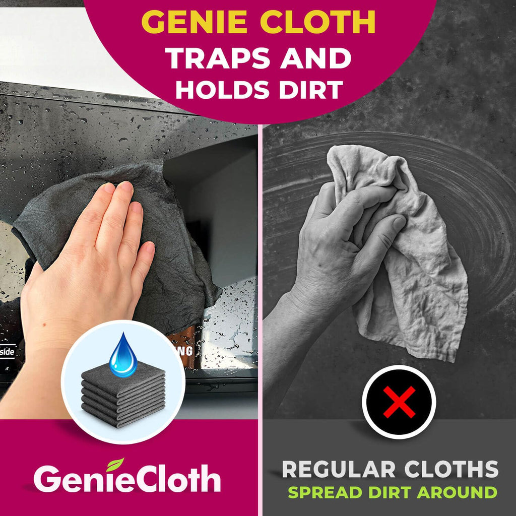 GenieCloth Magic Cleaning Cloth effectively traps dirt, unlike regular cloths. Upgrade your cleaning routine with Curat Cart today.