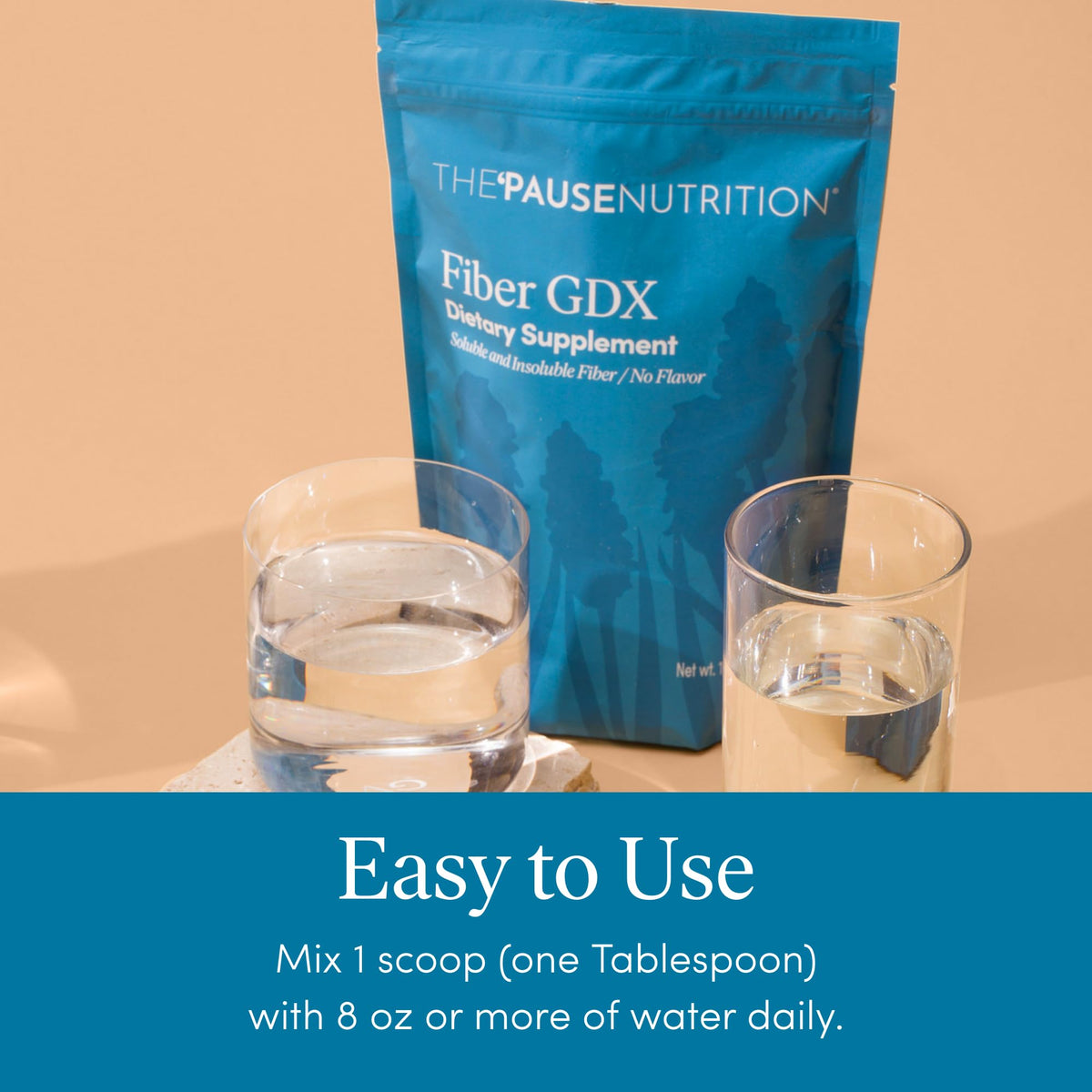 Pause Life Fiber GDX Blend dietary supplement in authentic packaging, available at Curat Cart. Mix with water for daily use.