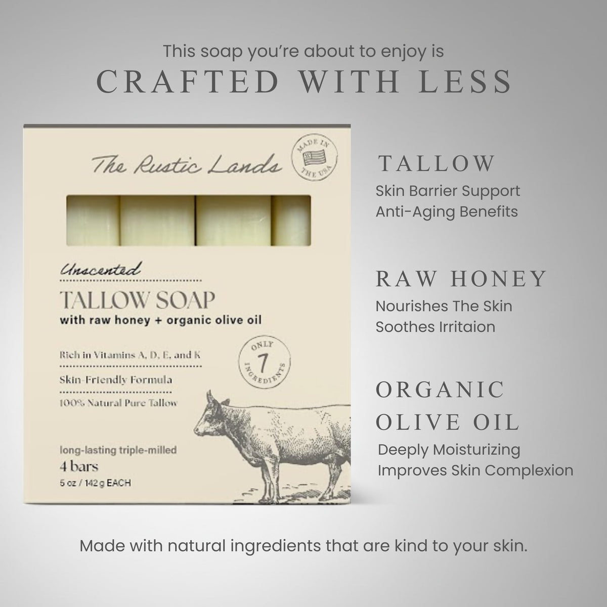 THE RUSTIC LANDS Natural Beef Tallow Soap, crafted with tallow, honey, and olive oil. Available online for smooth, moisturized skin.