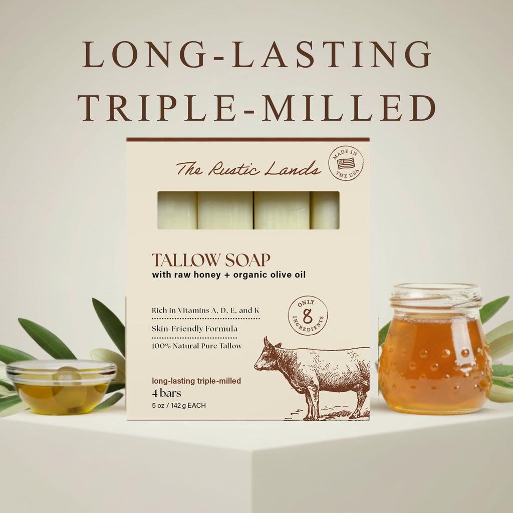 THE RUSTIC LANDS Natural Beef Tallow Soap available online. Enriched with honey and olive oil, perfect for skin care.