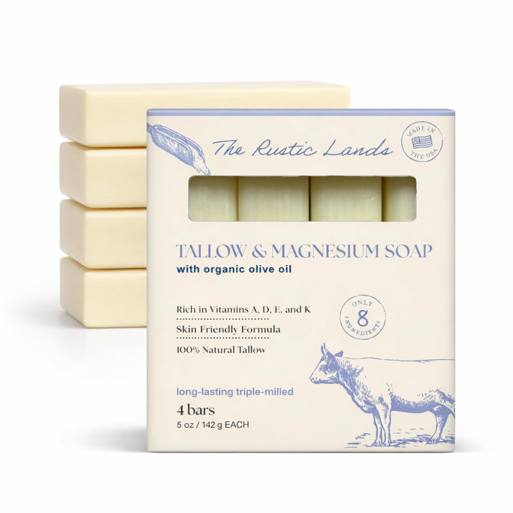 THE RUSTIC LANDS Natural Beef Tallow Soap bars, enriched with vitamins, made in the USA, perfect for healthy skin.