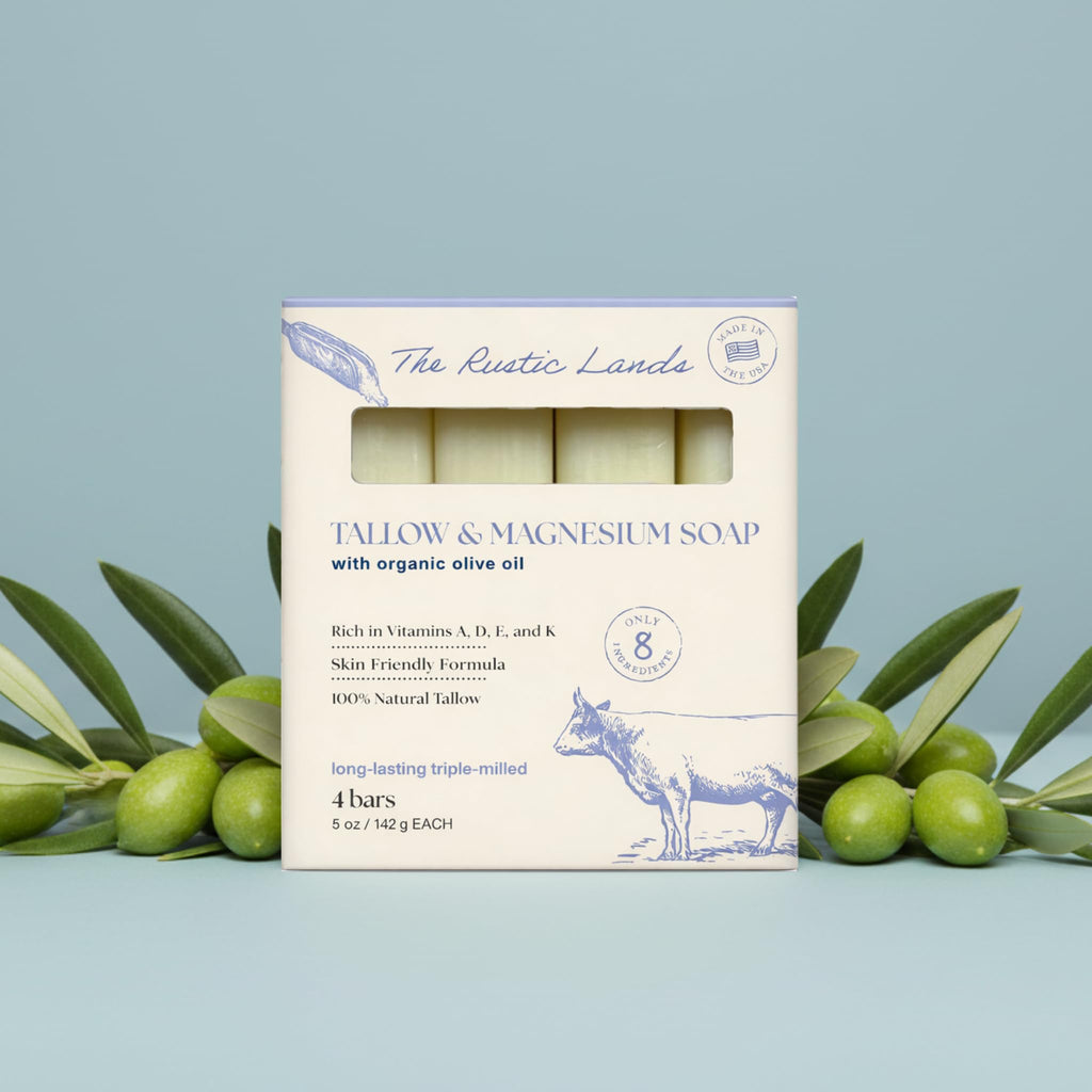 Four bars of Tallow & Magnesium Soap in a stylish box, enriched with vitamins A, D, E, and K, featuring organic olive oil.