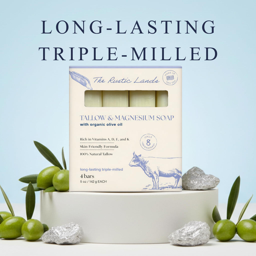 The Rustic Lands Natural Beef Tallow Soap with olive oil, rich in vitamins, long-lasting, and triple-milled for a superior skin-friendly experience.
