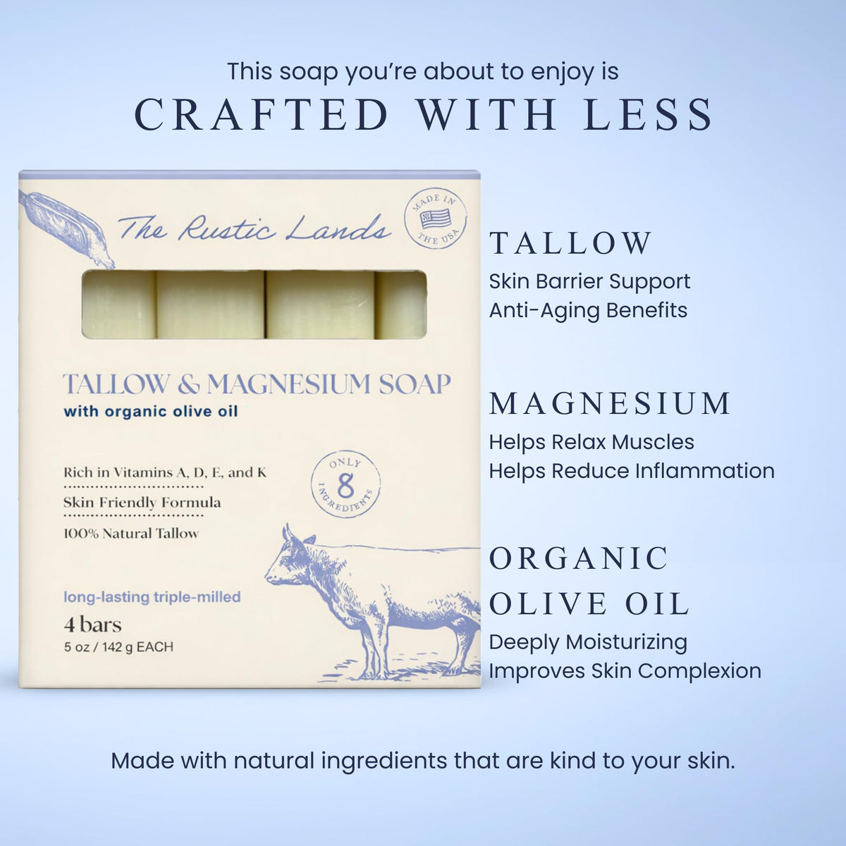 THE RUSTIC LANDS Natural Beef Tallow Soap with magnesium and olive oil; promotes skin health and relaxation, 100% genuine.