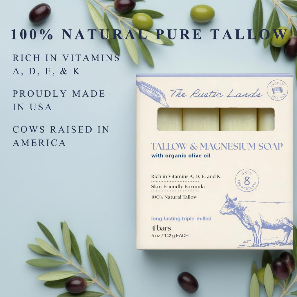 100% natural beef tallow soap bars made in the USA, enriched with vitamins A, D, E, and K. Available for online order.