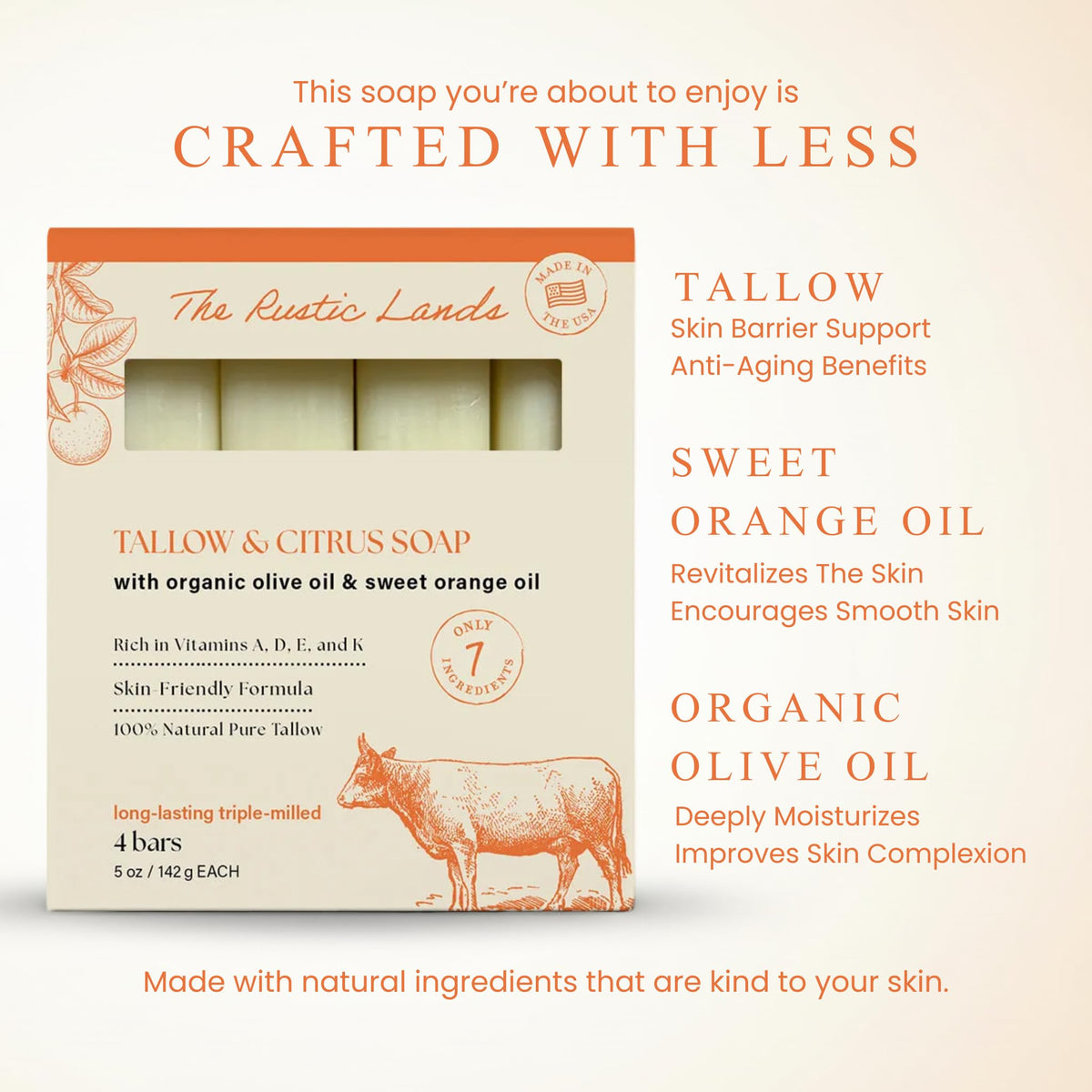 Order The Rustic Lands Natural Beef Tallow Soap. Infused with olive oil & sweet orange oil, available online for radiant skin.