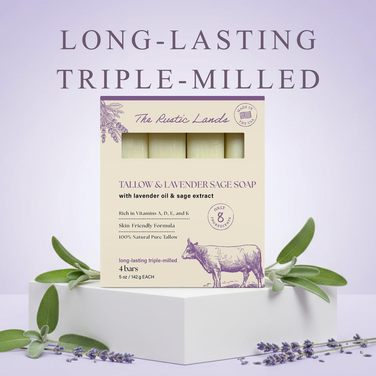 Discover THE RUSTIC LANDS Tallow & Lavender Sage Soap, rich in vitamins, available to order online. 4 bars for your skin!