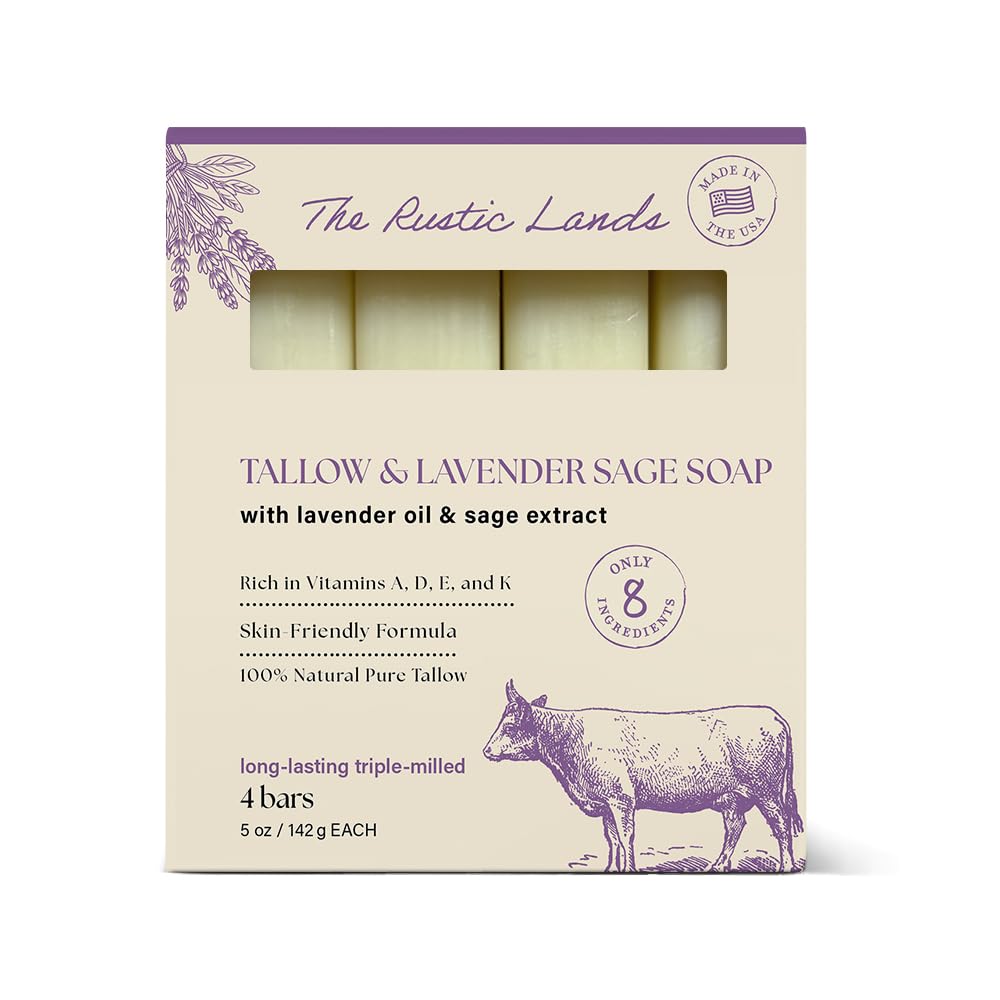 The Rustic Lands Tallow Soap, made with lavender oil and sage extract, features pure beef tallow and is skin-friendly.