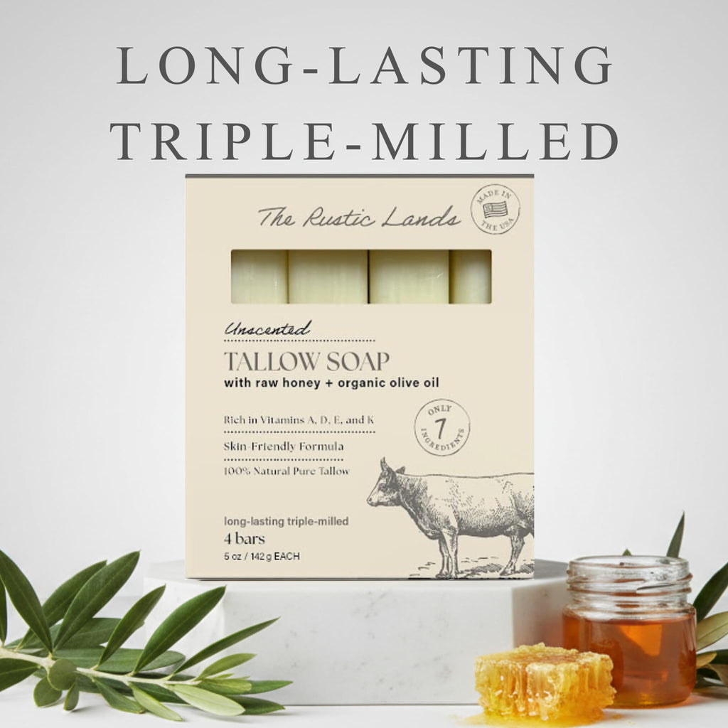 THE RUSTIC LANDS Natural Beef Tallow Soap with rich raw honey & olive oil. Trusted, triple-milled formula. 4 bars total.