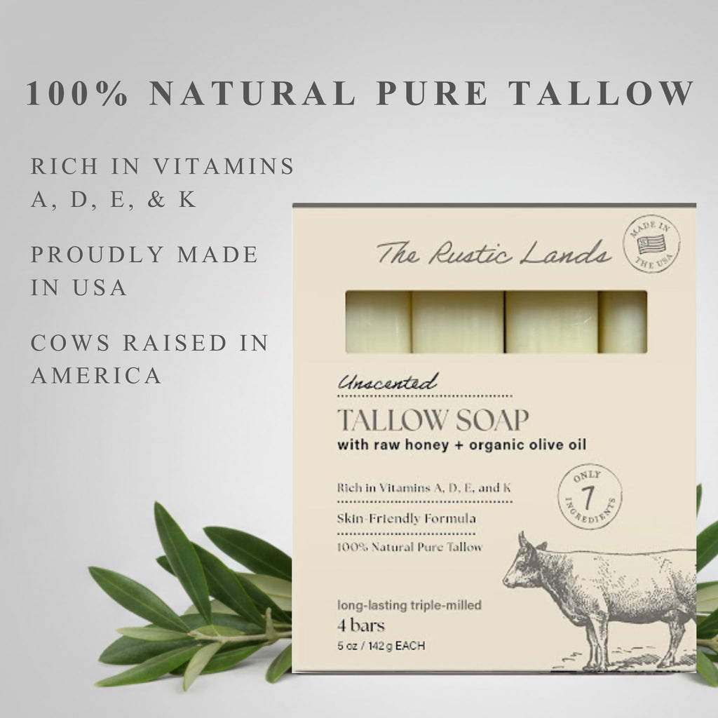 THE RUSTIC LANDS Natural Beef Tallow Soap, unscented, with raw honey and organic olive oil, made in USA, 4 bars.