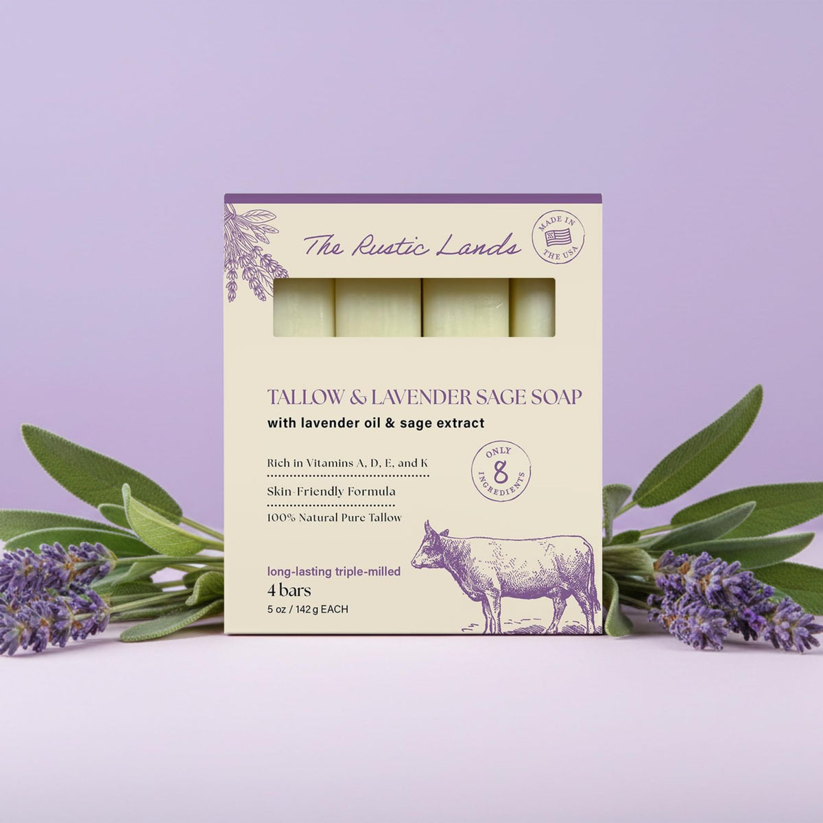 100% Natural Beef Tallow Soap with lavender and sage, rich in vitamins, triple-milled, cruelty-free, eco-friendly.