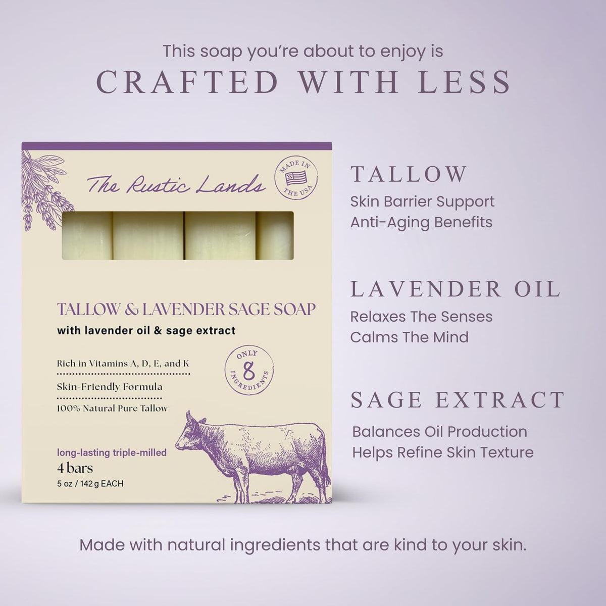 THE RUSTIC LANDS Natural Beef Tallow Soap with lavender sage nurtures skin, balances oil, and relaxes the senses.