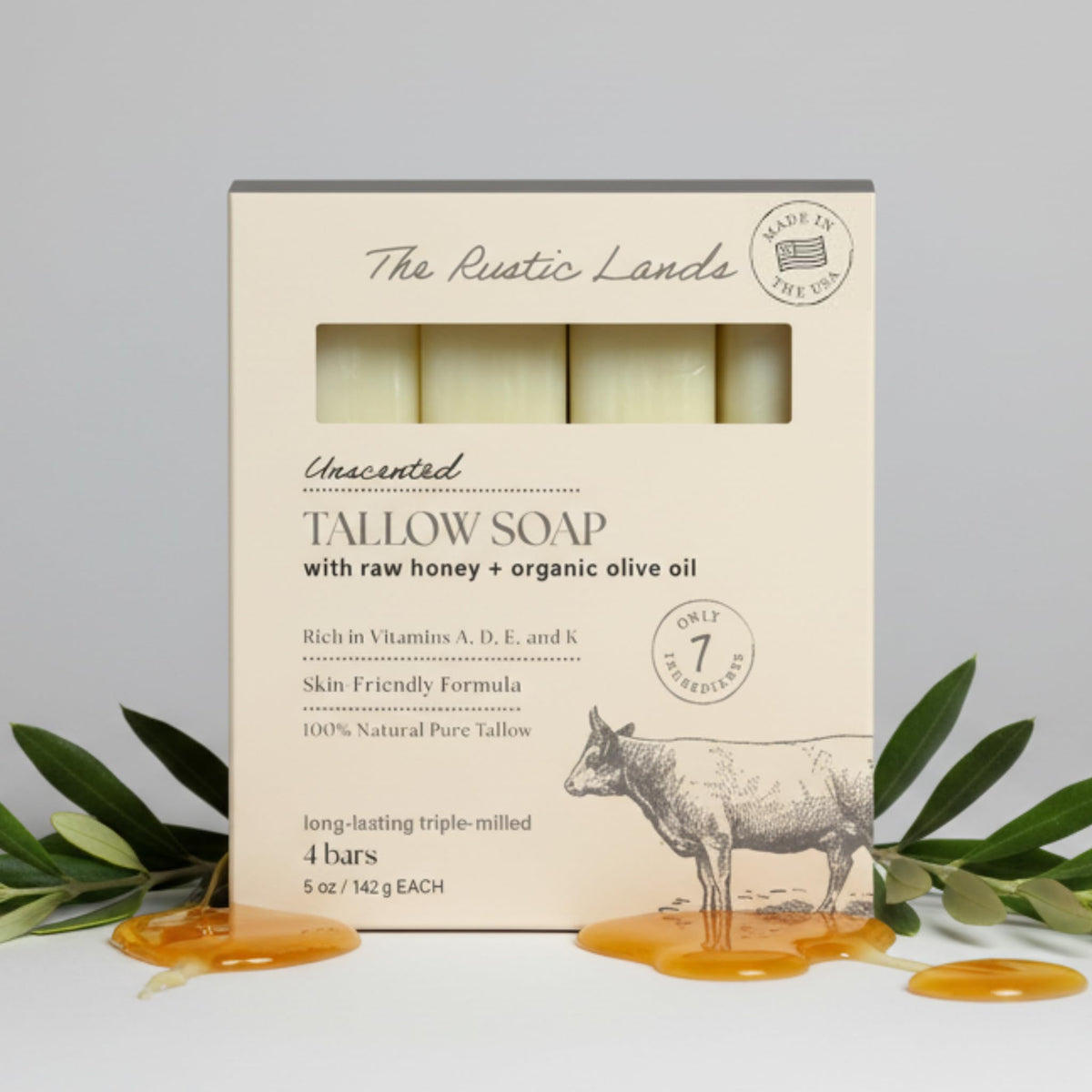 Shop THE RUSTIC LANDS Natural Beef Tallow Soap. Unscented bars rich in vitamins A, D, E, and K. Available for online order.