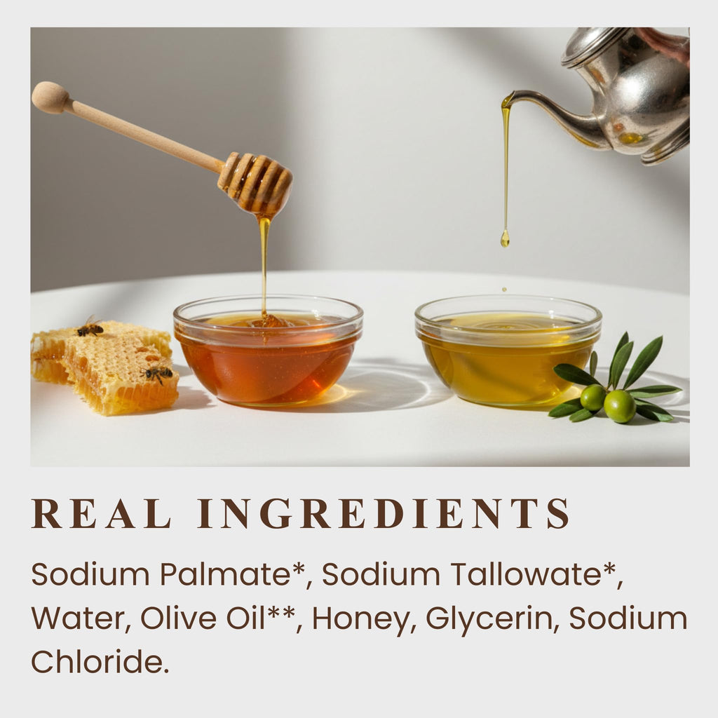 Authentic THE RUSTIC LANDS Natural Beef Tallow Soap with honey and olive oil, showcasing real ingredients for genuine quality.