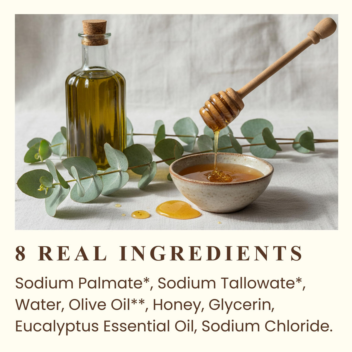 Natural beef tallow soap with 8 real ingredients. Stylish presentation includes honey and olive oil, verified by CuratCart.