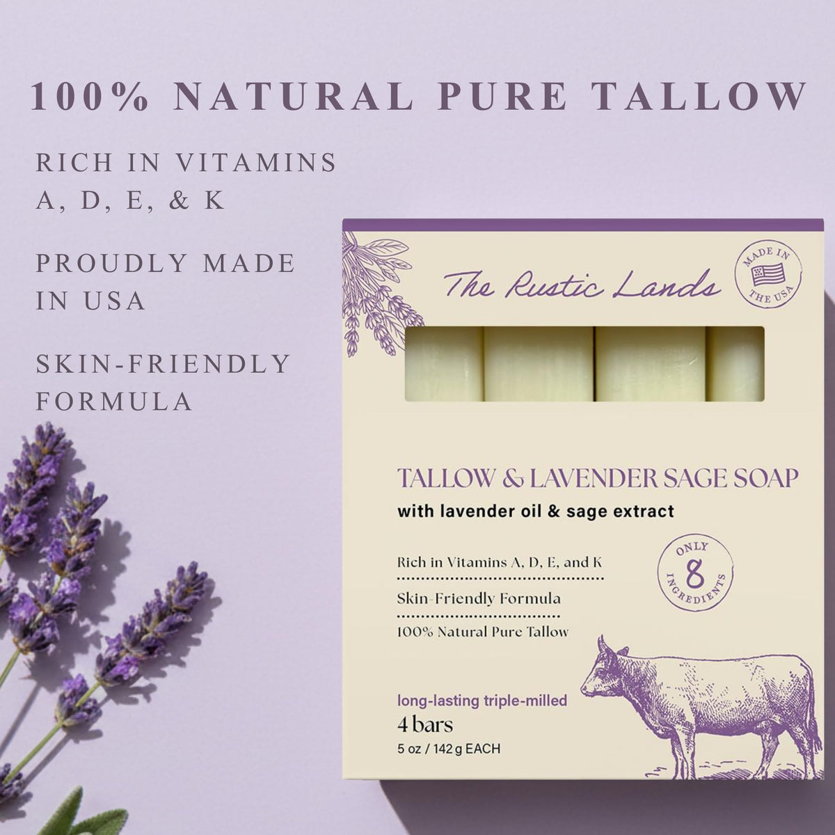 100% pure beef tallow soap bars with lavender & sage. Skin-friendly, made in the USA. Verified by CuratCart.