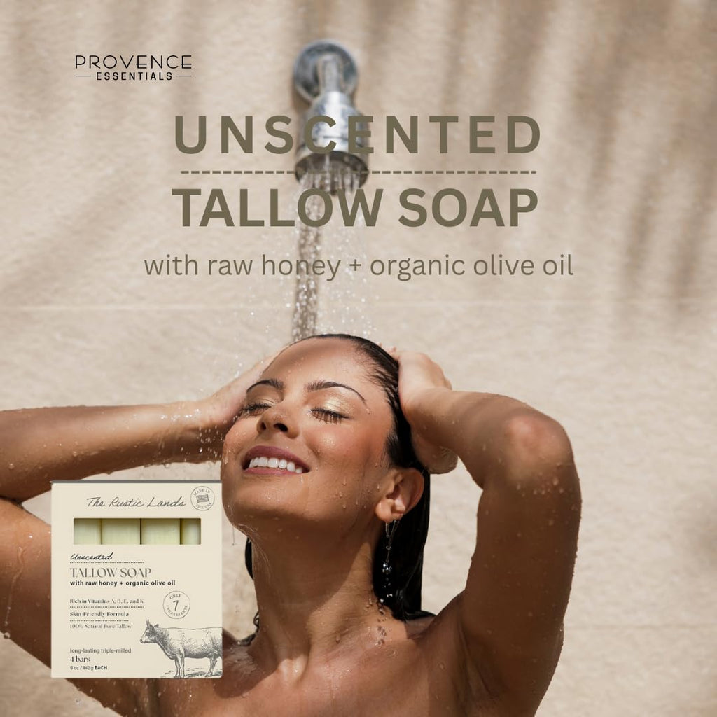 The Rustic Lands Natural Beef Tallow Soap features raw honey and organic olive oil, ideal for a luxurious, moisturizing cleanse.