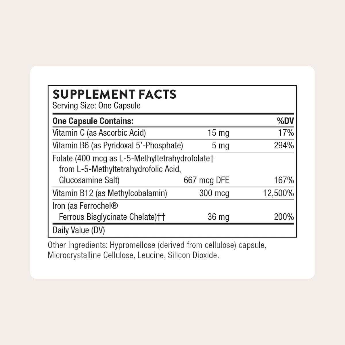 Thorne Advanced Iron Complex supplement facts showcasing essential vitamins and minerals. 100% Authentic, available at Curat Cart.