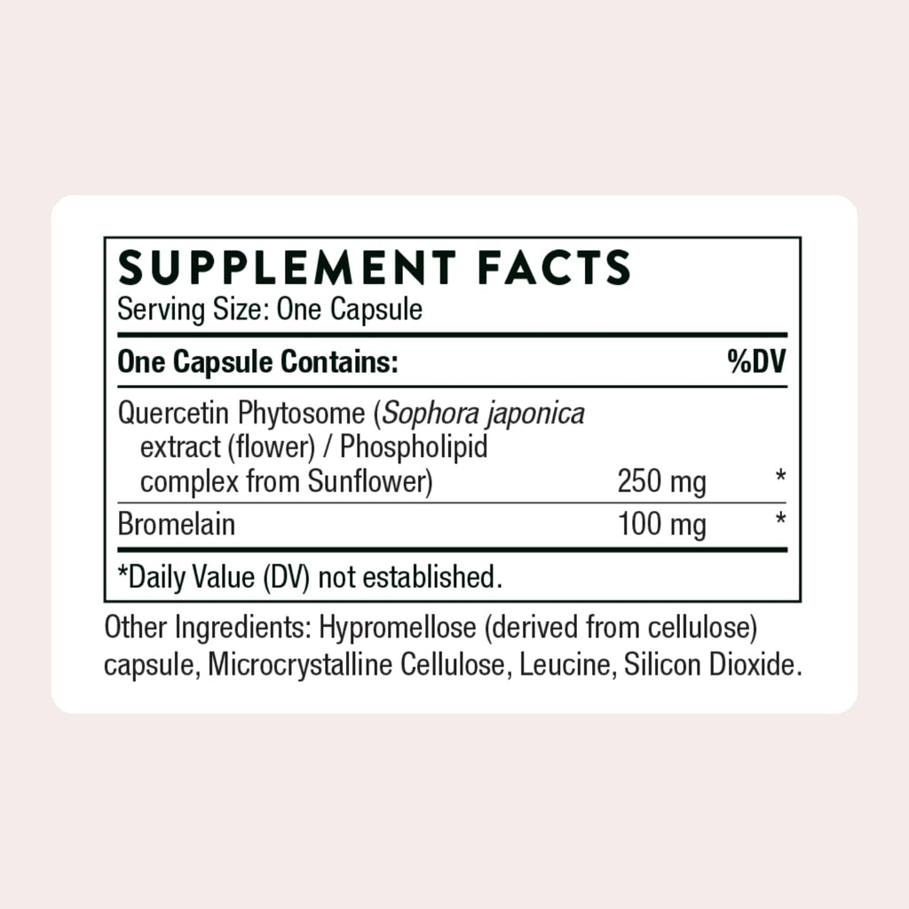 Thorne Quercetin Complex supplement facts highlight 100% authenticity, available at Curat Cart in India.