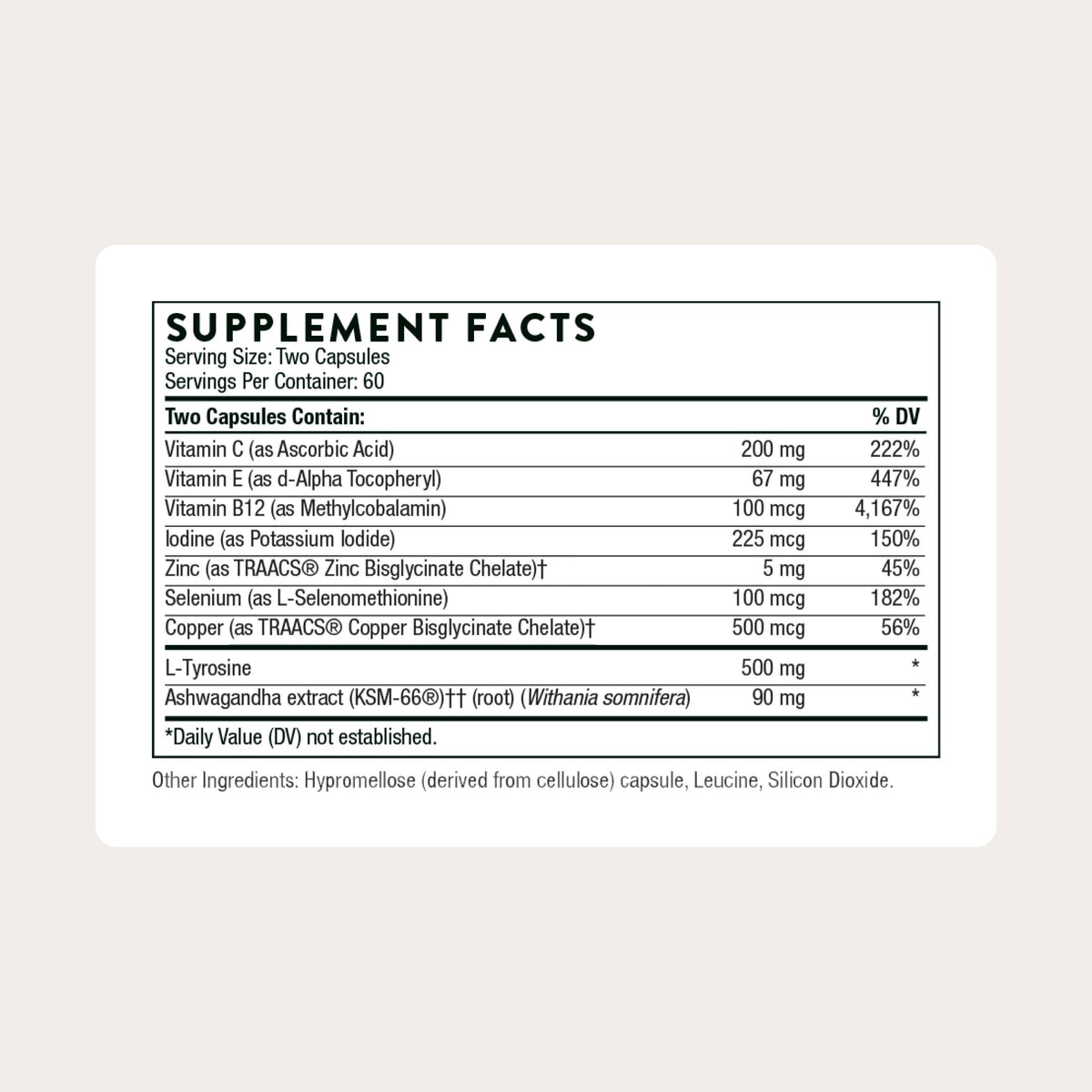Thorne Thyroid Health Complex supplement facts showcasing essential vitamins and minerals. 100% Authentic, available in India at Curat Cart.