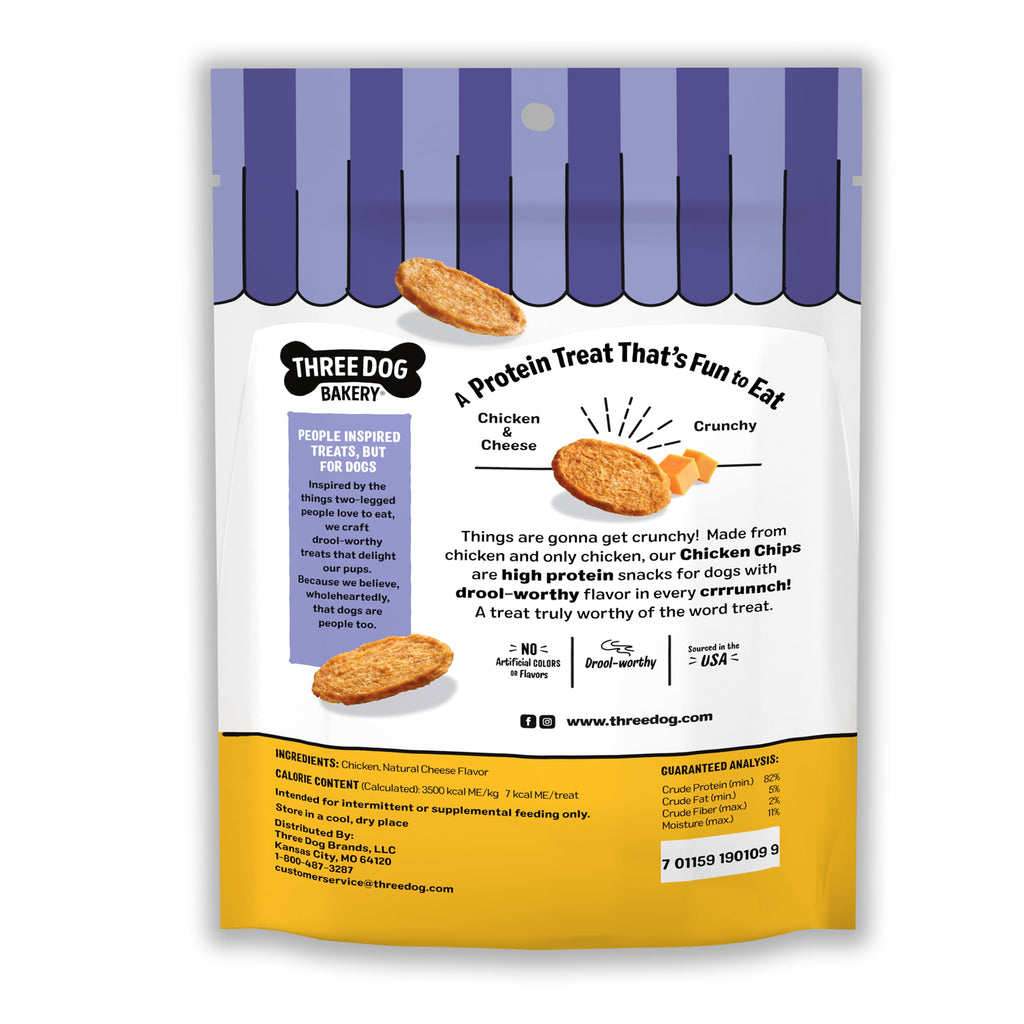 Three Dog Bakery Bark'n Crunch Chips offer high protein chicken treats for dogs, 100% Authentic and available at Curat Cart.