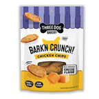 Three Dog Bakery Bark'n Crunch Chips offer high-protein chicken and cheese flavor treats. Premium import from Curat Cart for discerning pets.
