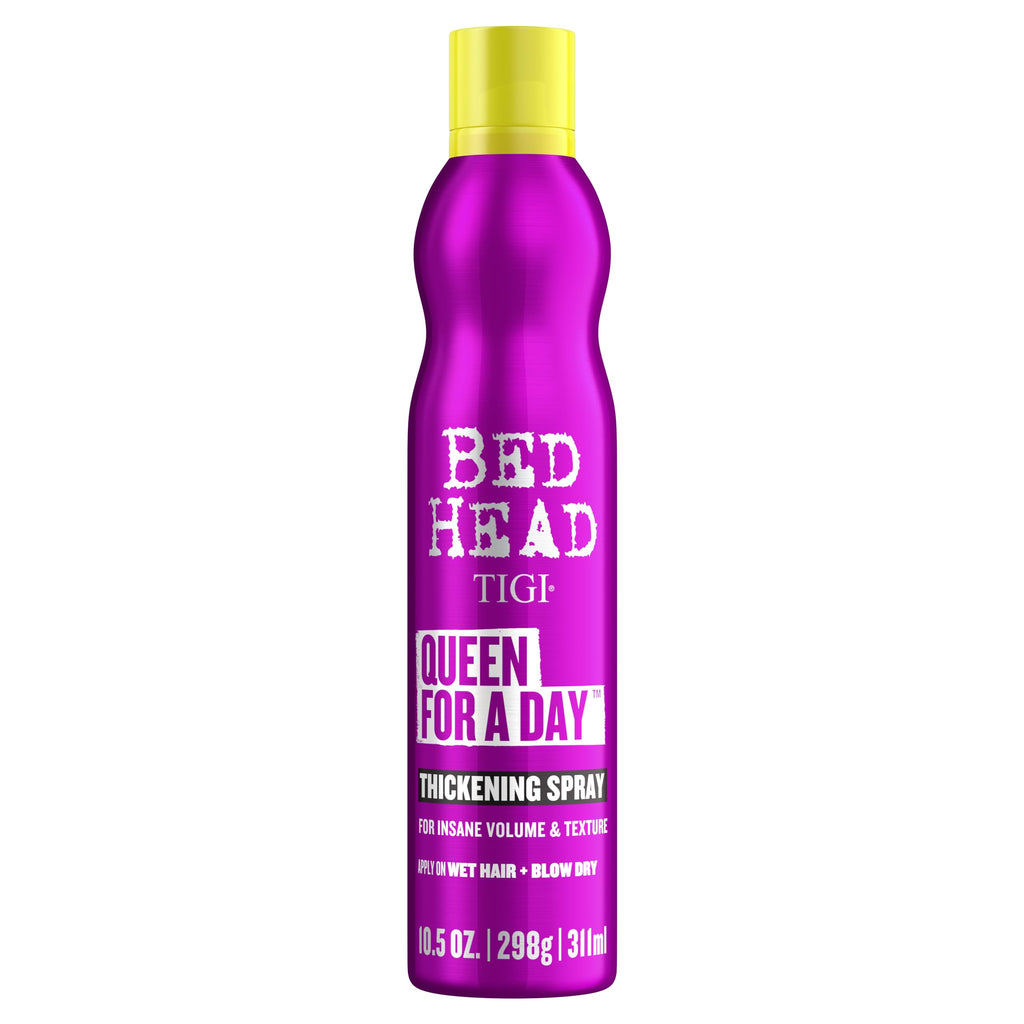 Authentic TIGI Bed Head Queen for a Day thickening spray for volumizing hair, 10.5 oz bottle, vibrant purple packaging.