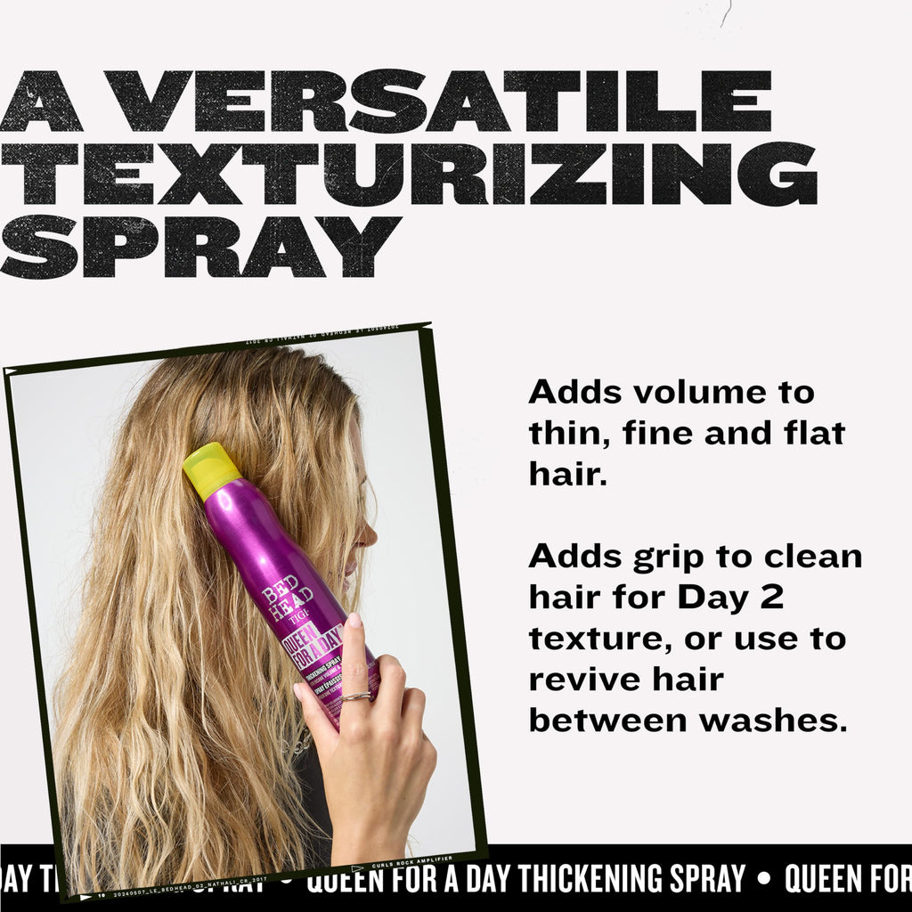 TIGI Bed Head Volumizing Hair Spray in vibrant purple can, perfect for adding volume and texture to fine, flat hair.