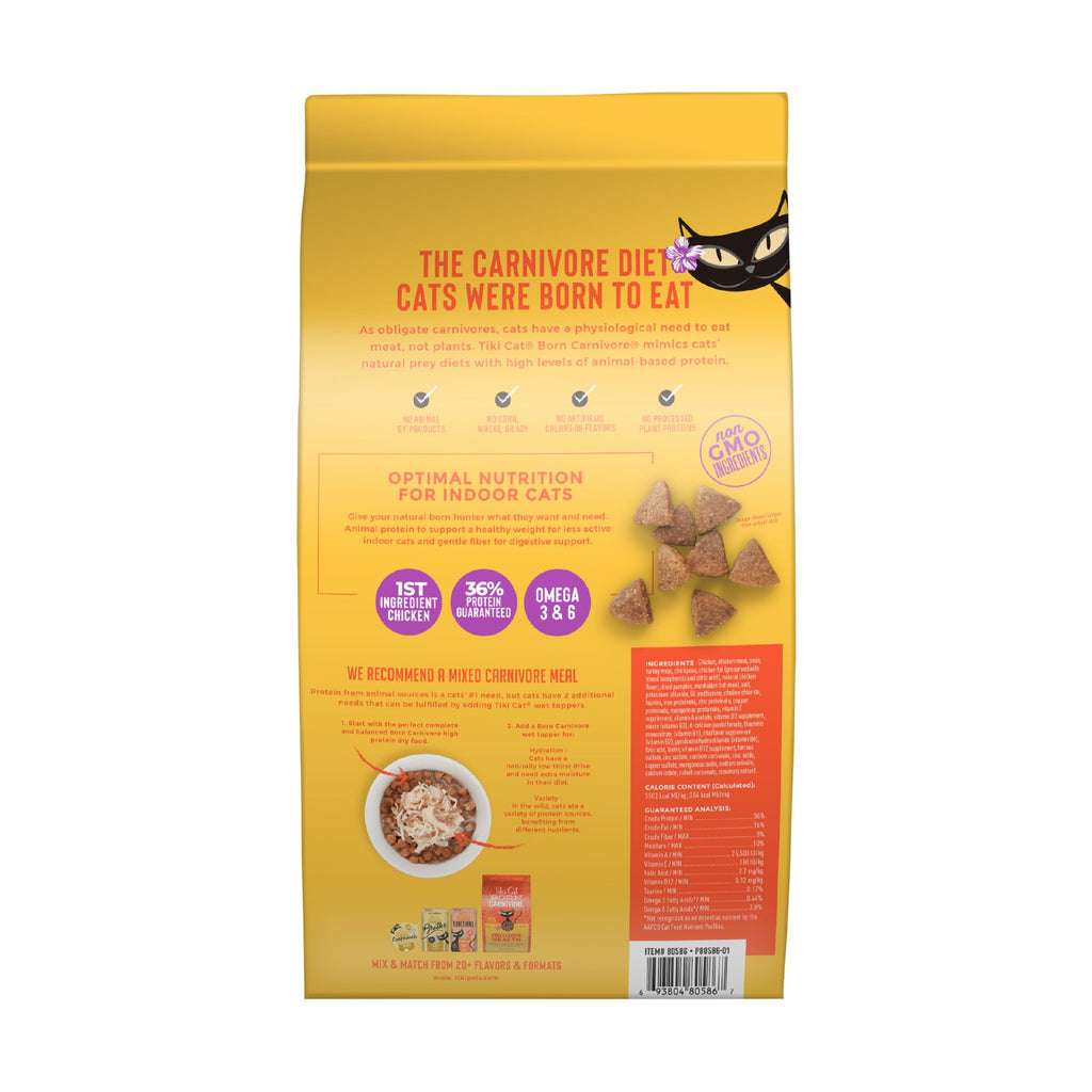 Tiki Cat Born Carnivore Dry Cat Food in official packaging offers optimal nutrition for indoor cats. Available at Curat Cart.