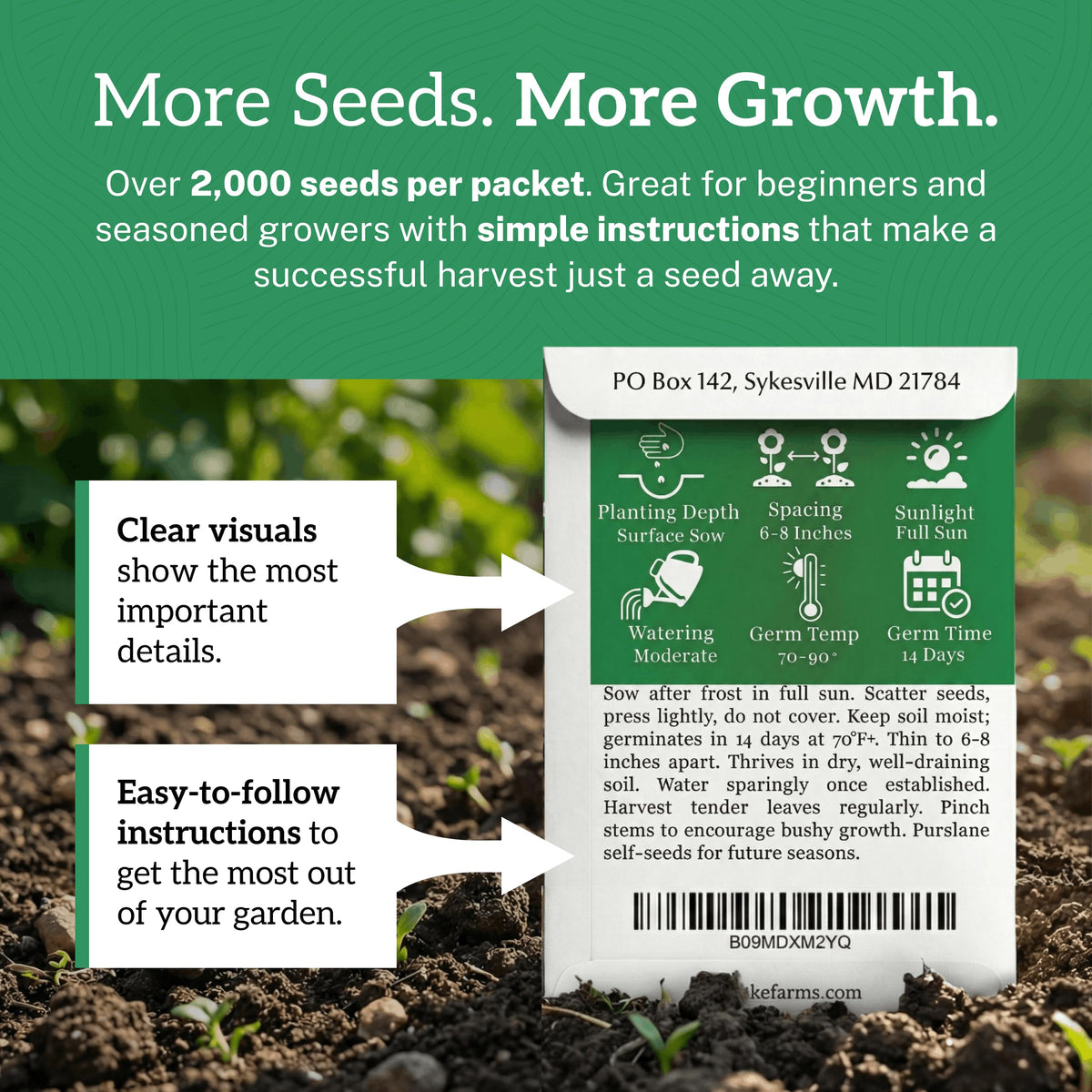 TKE Farms Purslane Seeds packet with clear instructions and planting tips, perfect for gardeners from Curat Cart.