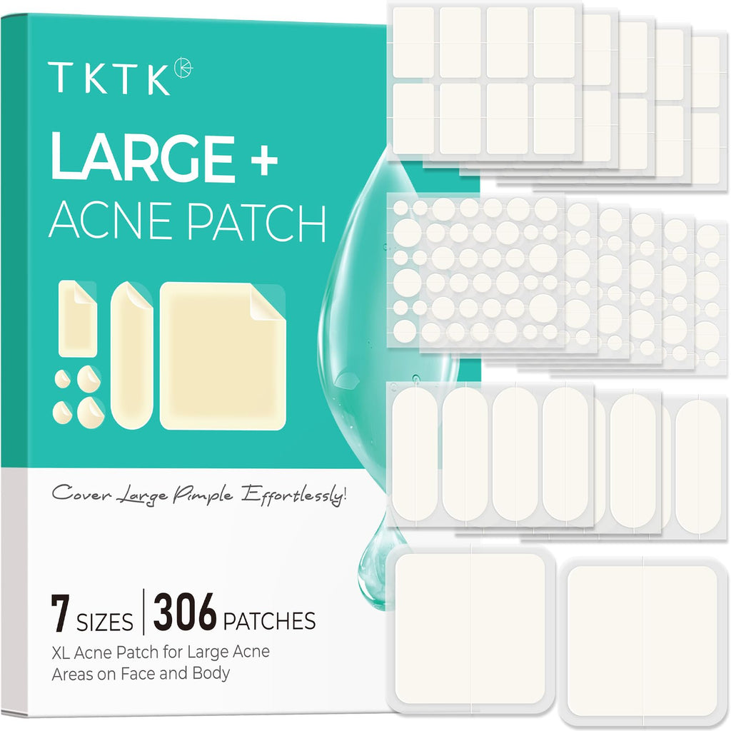 TKTK Large Pimple Patches set includes 306 patches in 7 sizes, perfect for tackling large acne on face and body.