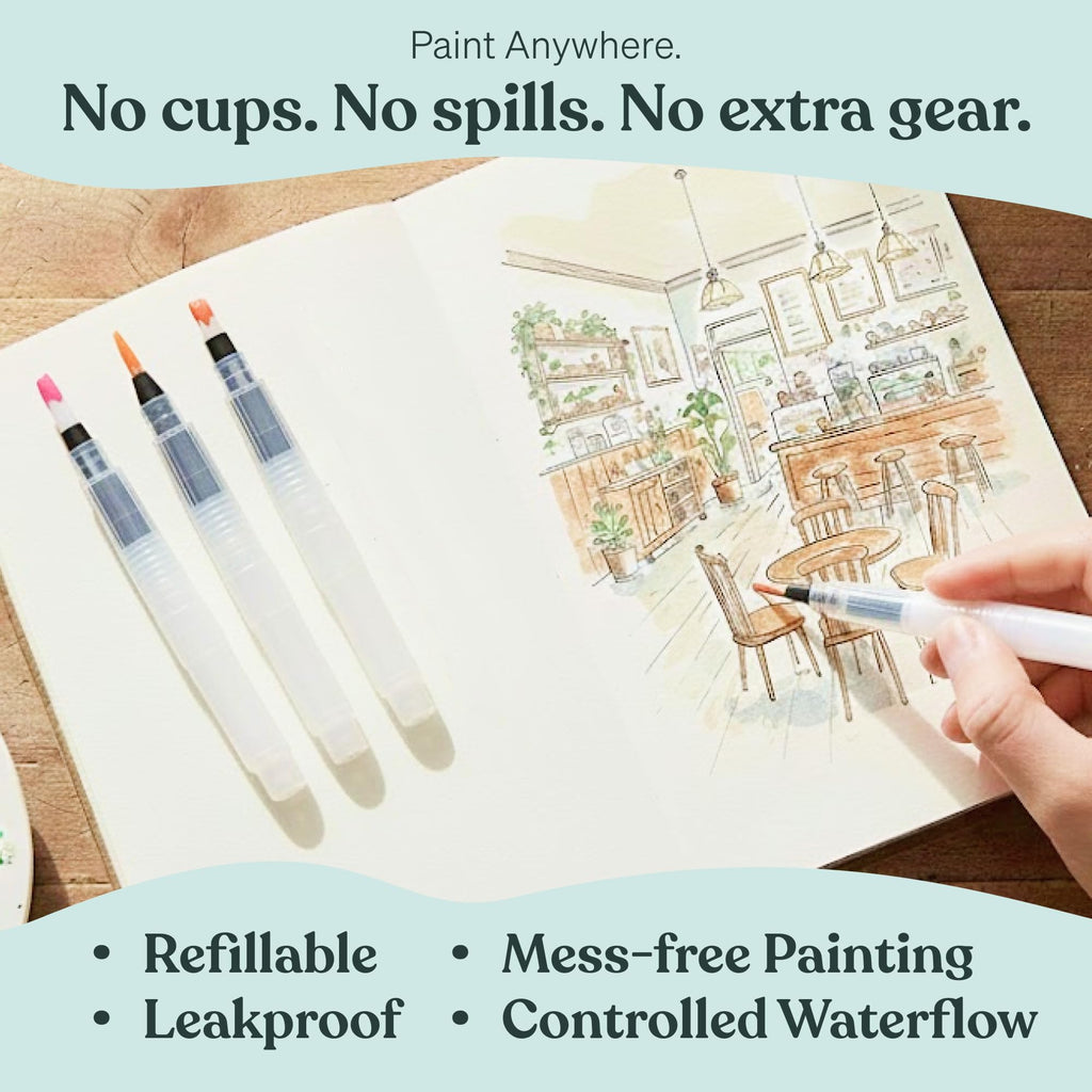 Tobios Watercolor Brush Pens in official packaging, featuring refillable, leakproof design for mess-free painting. Available at Curat Cart.