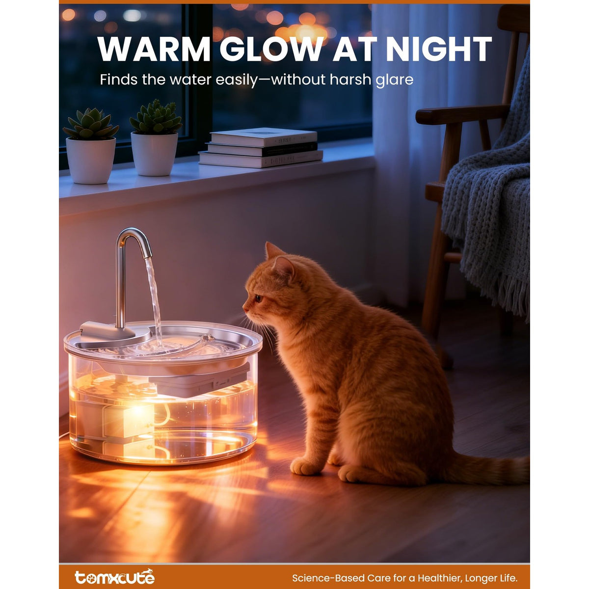 Discover the Tomxcute Glass Cat Water Fountain, specially curated by Curat Cart, featuring a warm glow for easy nighttime access.