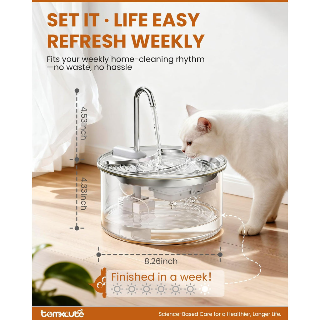 Discover the Tomxcute Glass Cat Water Fountain, perfect for daily hydration, available at Curat Cart. Keep your pet refreshed.