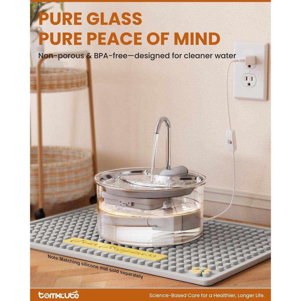 Tomxcute Glass Cat Water Fountain offers 100% authentic, non-porous, and BPA-free design for cleaner water. Available at Curat Cart.