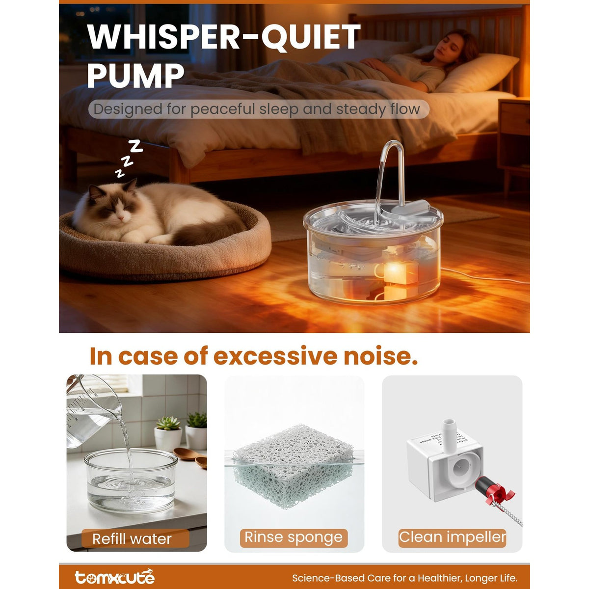 Tomxcute Glass Cat Water Fountain in a cozy setting, featuring a whisper-quiet pump for peaceful sleep. Available at Curat Cart.