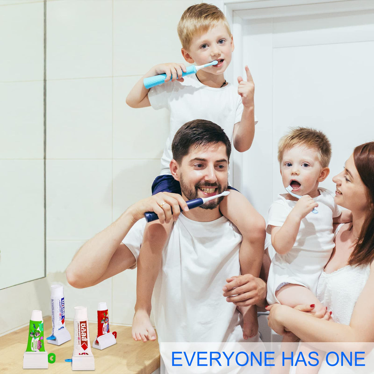 Toothpaste Squeezer Set of 4 showcased by a family using them. High-quality packaging from Curat Cart enhances convenience.