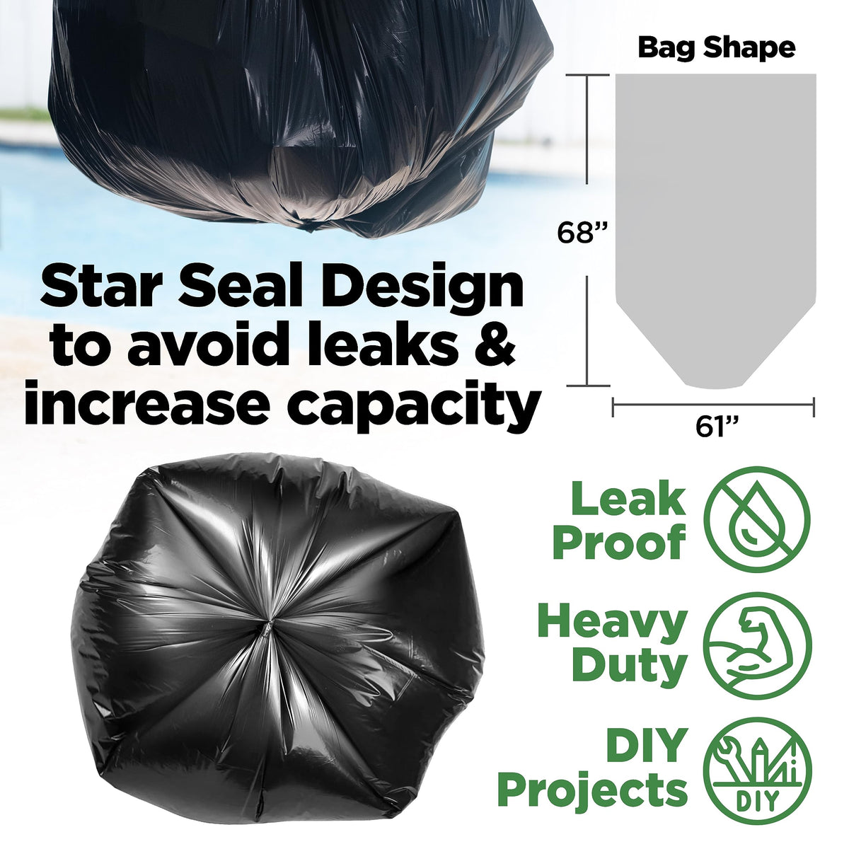 ToughBag Heavy Duty Trash Bags feature a star seal design for leak-proof performance, available at Curat Cart in India.