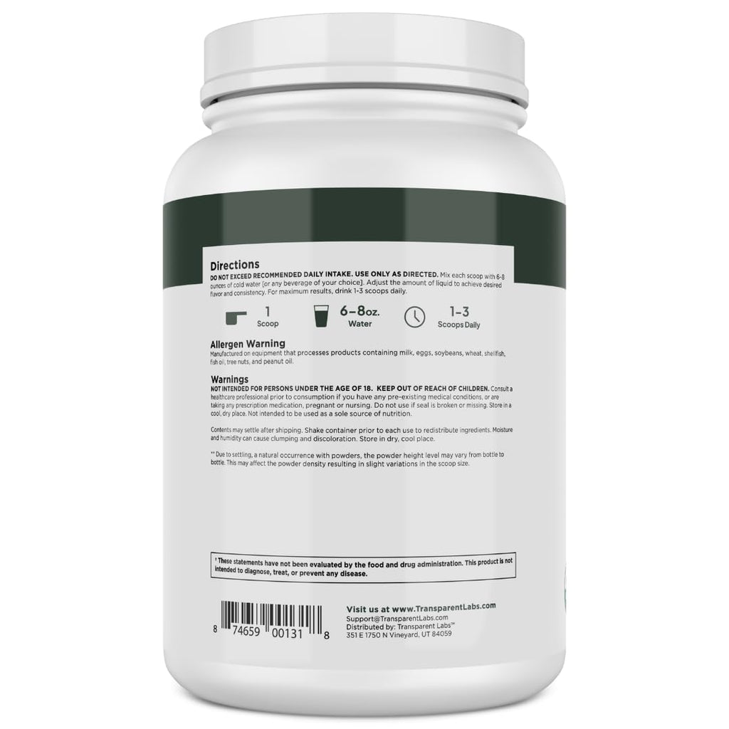 Transparent Labs Pea Protein Powder in official packaging, showcasing nutritional info and directions. Available at Curat Cart.