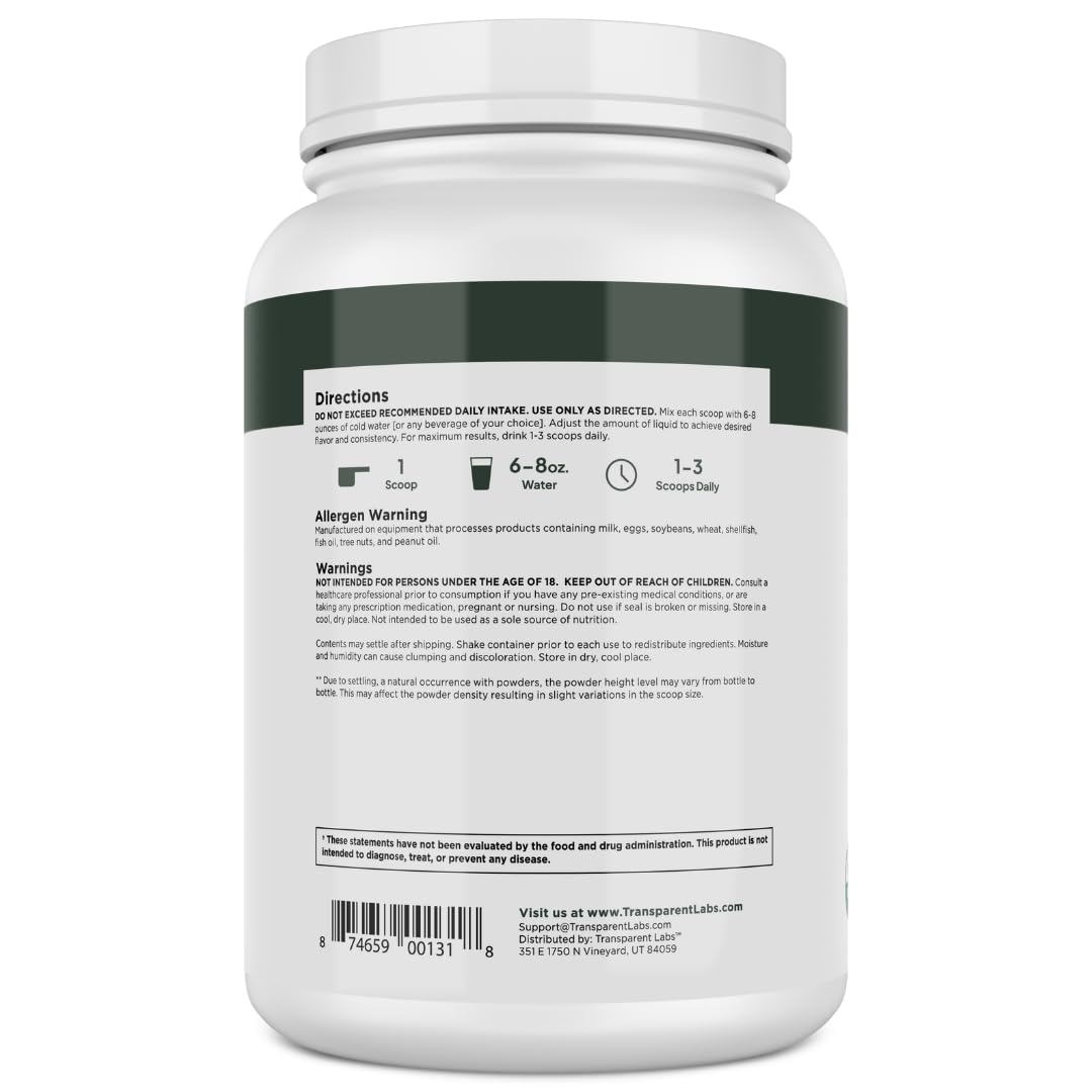 Transparent Labs Pea Protein Powder in official packaging, showcasing nutritional info and directions. Available at Curat Cart.