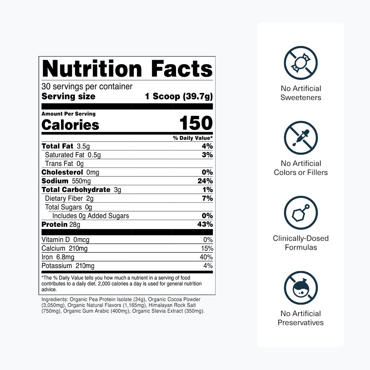 Detailed nutritional facts of Transparent Labs Pea Protein Powder in official packaging, emphasizing quality. Available at Curat Cart.