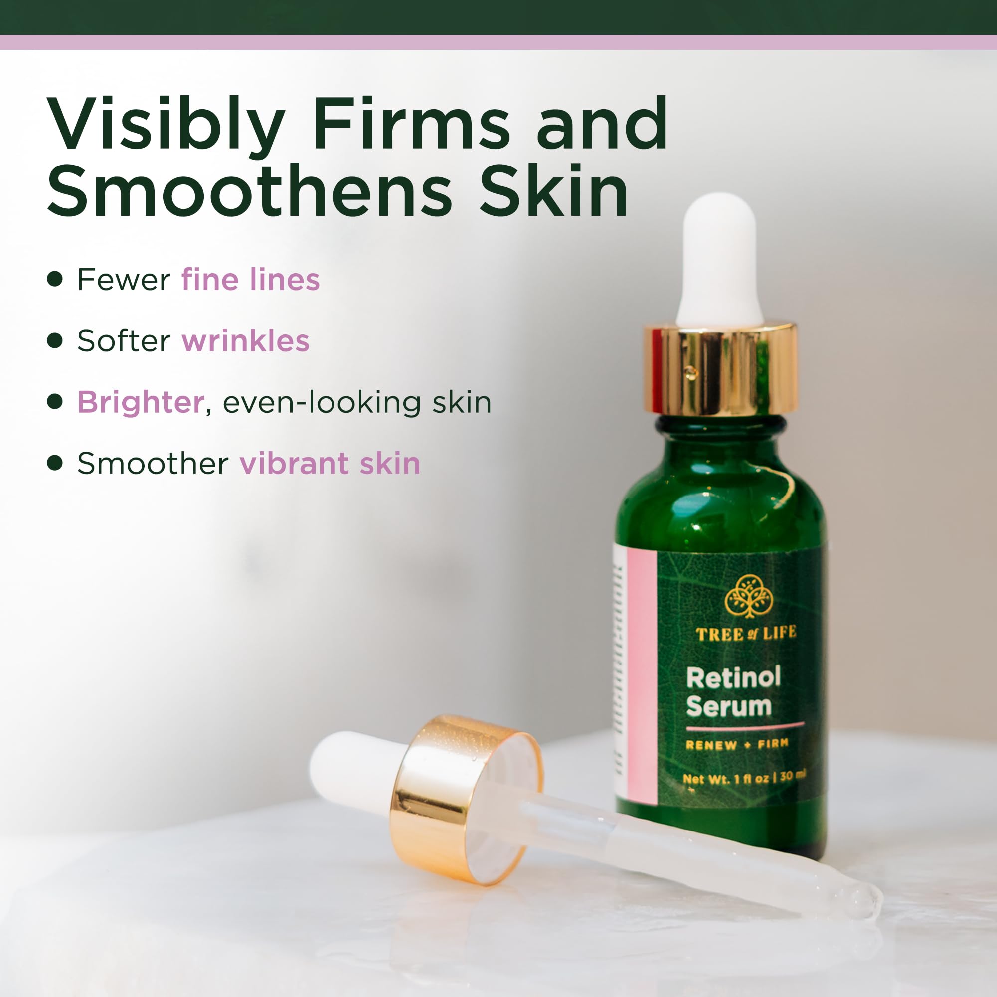 Tree of Life Retinol Serum visibly firms and smoothens skin with fewer fine lines, for brighter, vibrant skin. Verified by CuratCart.