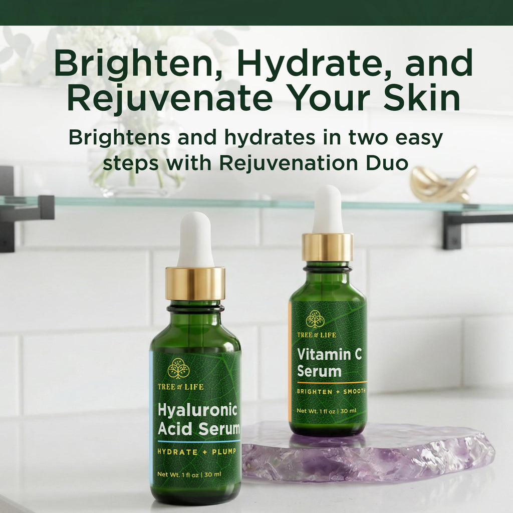 Tree of Life facial serums featuring Hyaluronic Acid and Vitamin C for brightening and hydrating skin. Authentic skincare duo.