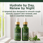 Tree of Life's Face Serum duo features Hyaluronic Acid and Retinol serums in dark green glass bottles for skin hydration and renewal.