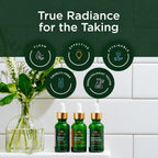 Three green serums with droppers displayed on a shelf, emphasizing clean, cruelty-free, and dermatologist-tested skincare.