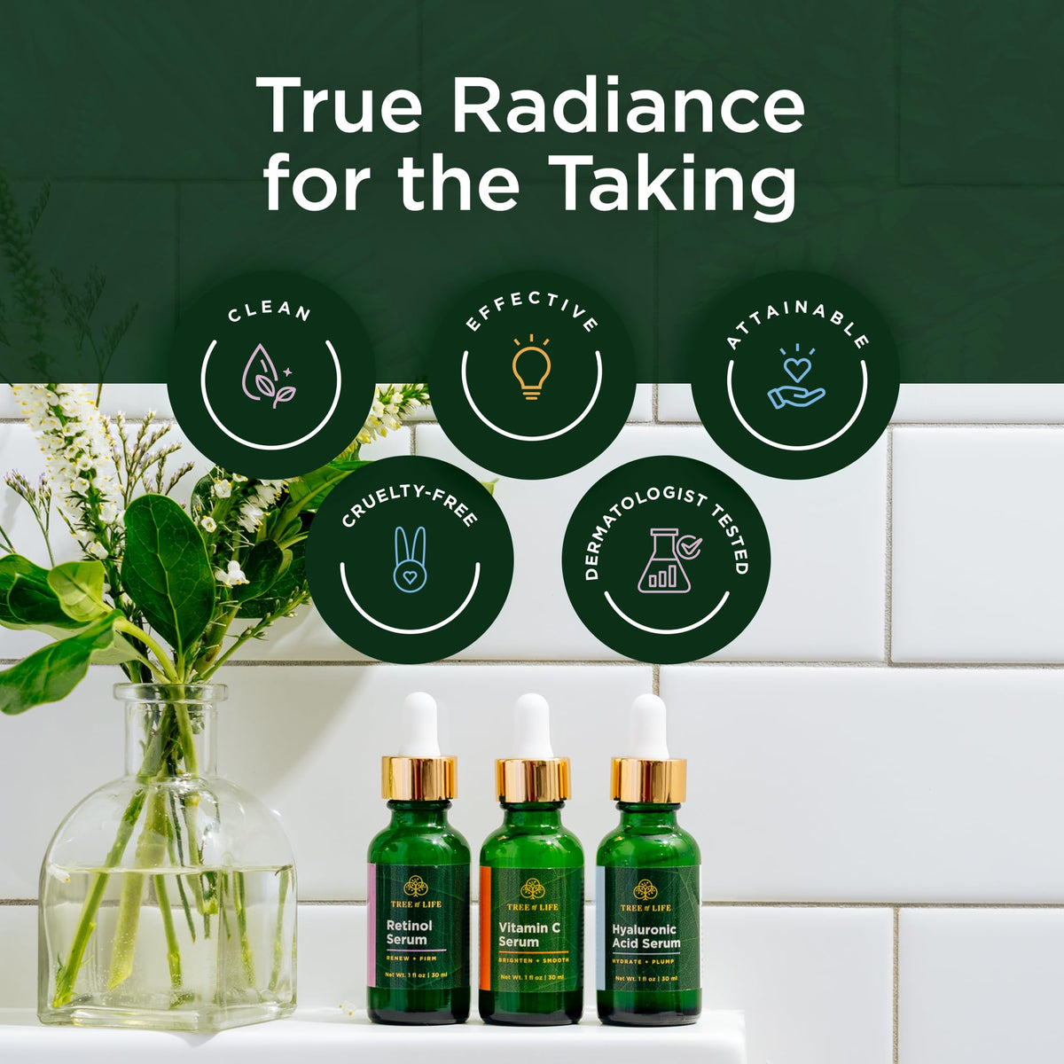 Three green serums with droppers displayed on a shelf, emphasizing clean, cruelty-free, and dermatologist-tested skincare.