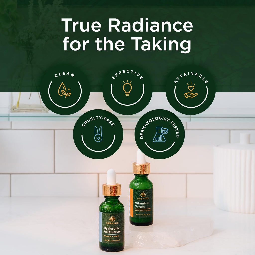 Tree of Life Face Serums displayed with clean packaging, highlighting cruelty-free, effective, and dermatologist-tested formulas.