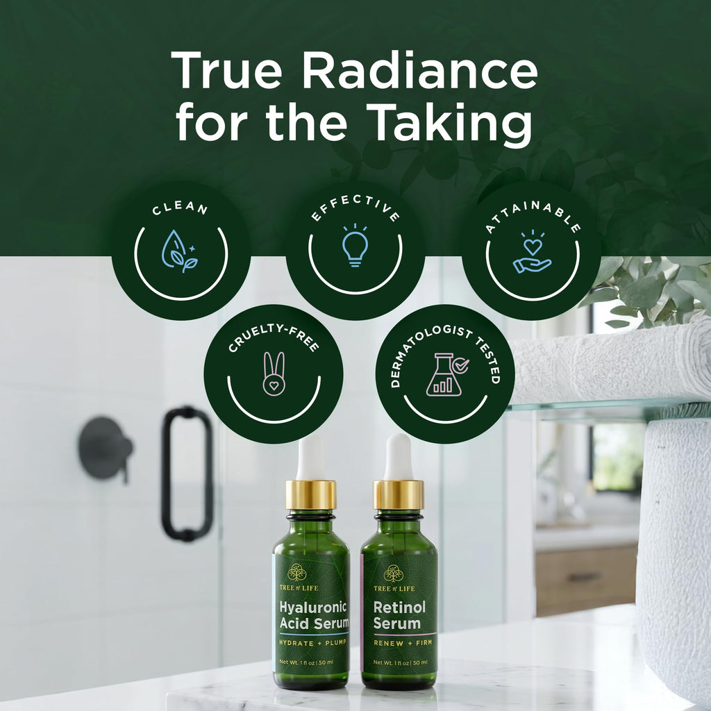 Discover the Tree of Life Face Serum duo: Hyaluronic Acid and Retinol. Authentic, clean, and cruelty-free skincare.