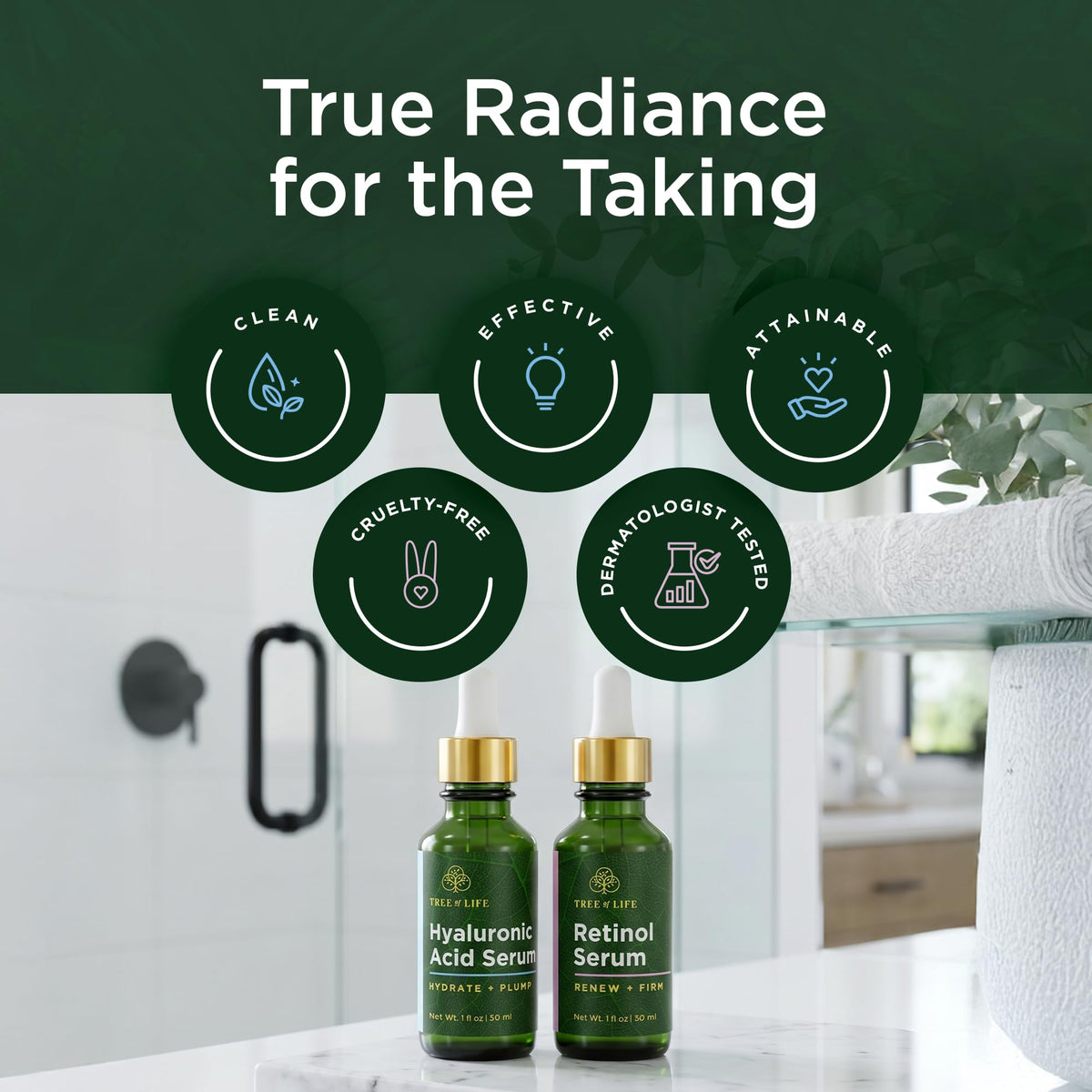 Discover the Tree of Life Face Serum duo: Hyaluronic Acid and Retinol. Authentic, clean, and cruelty-free skincare.